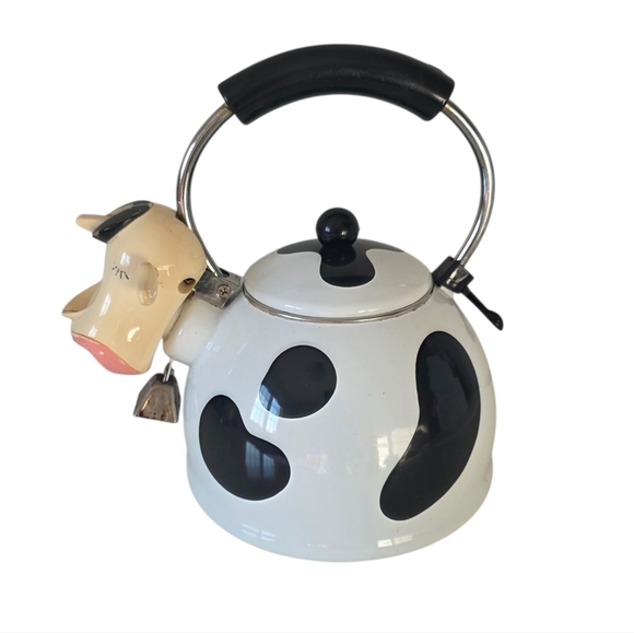 1992 M.K. Kamenstein Whistling 2 Quart Black and White Cow Tea Kettle with Bell - Picture 4 of 12